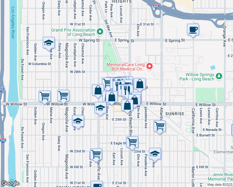map of restaurants, bars, coffee shops, grocery stores, and more near 141 East Willow Street in Long Beach