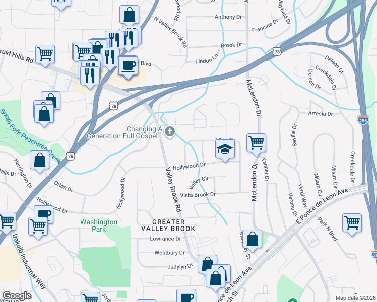 map of restaurants, bars, coffee shops, grocery stores, and more near 2989 Vine Circle in Decatur