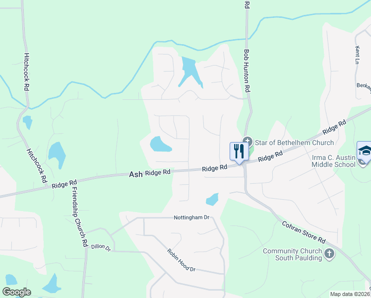 map of restaurants, bars, coffee shops, grocery stores, and more near 107 Ridge Brooke Drive in Douglasville