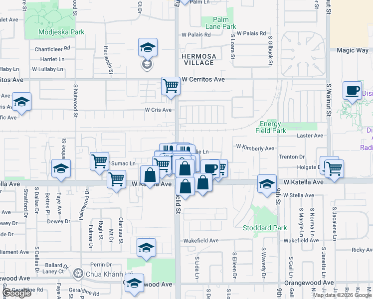 map of restaurants, bars, coffee shops, grocery stores, and more near 1672 South Inez Way in Anaheim