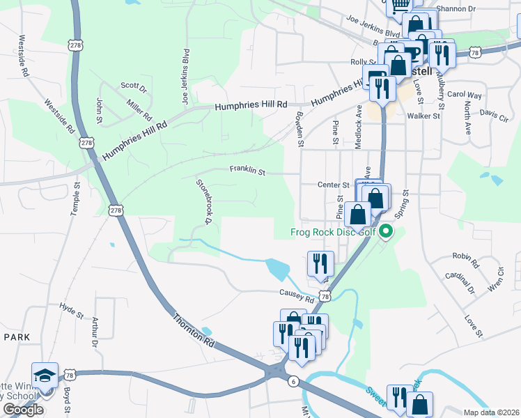 map of restaurants, bars, coffee shops, grocery stores, and more near 4100 Brightmore Drive in Austell