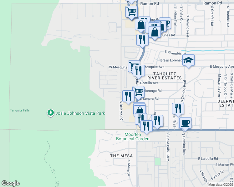 map of restaurants, bars, coffee shops, grocery stores, and more near 1333 South Belardo Road in Palm Springs
