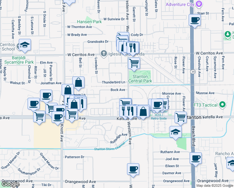 map of restaurants, bars, coffee shops, grocery stores, and more near 10825 Courson Drive in Stanton