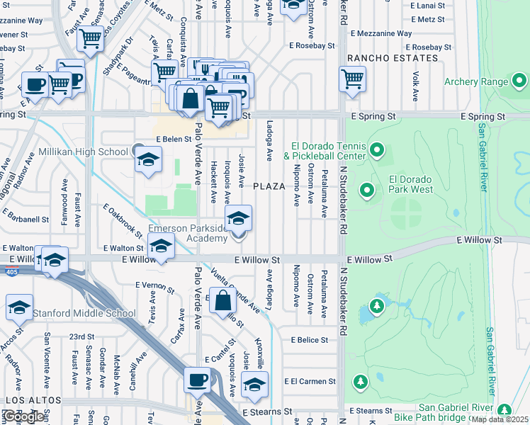 map of restaurants, bars, coffee shops, grocery stores, and more near 2713 Ladoga Avenue in Long Beach