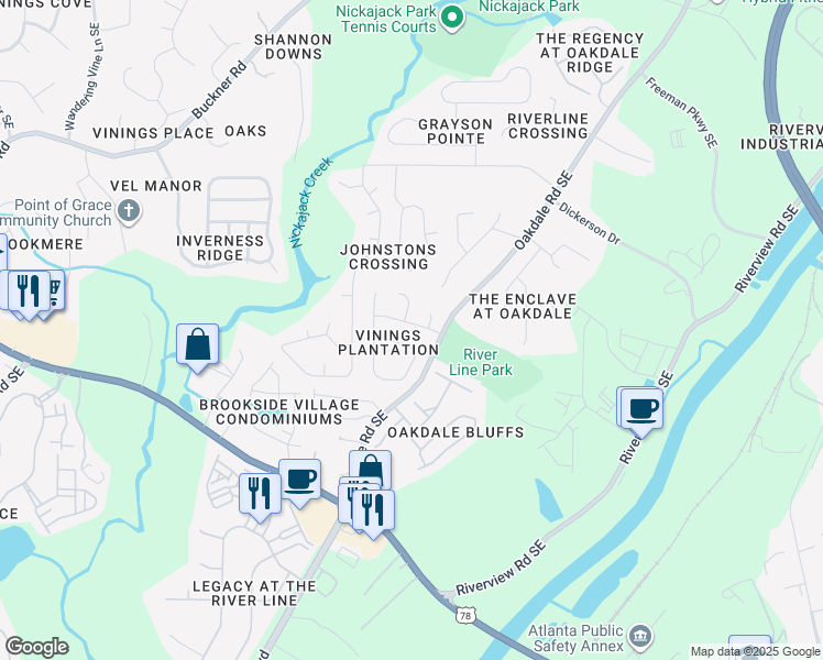 map of restaurants, bars, coffee shops, grocery stores, and more near 1520 Farmlake Drive Southeast in Mableton