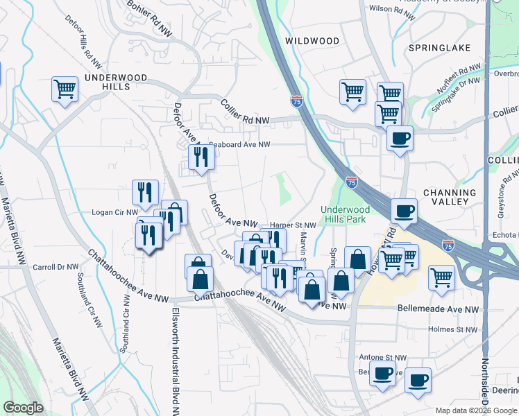 map of restaurants, bars, coffee shops, grocery stores, and more near 1844 Volberg Street Northwest in Atlanta