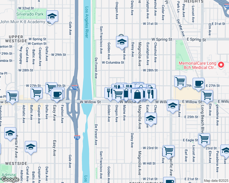 map of restaurants, bars, coffee shops, grocery stores, and more near 2661 Oregon Avenue in Long Beach