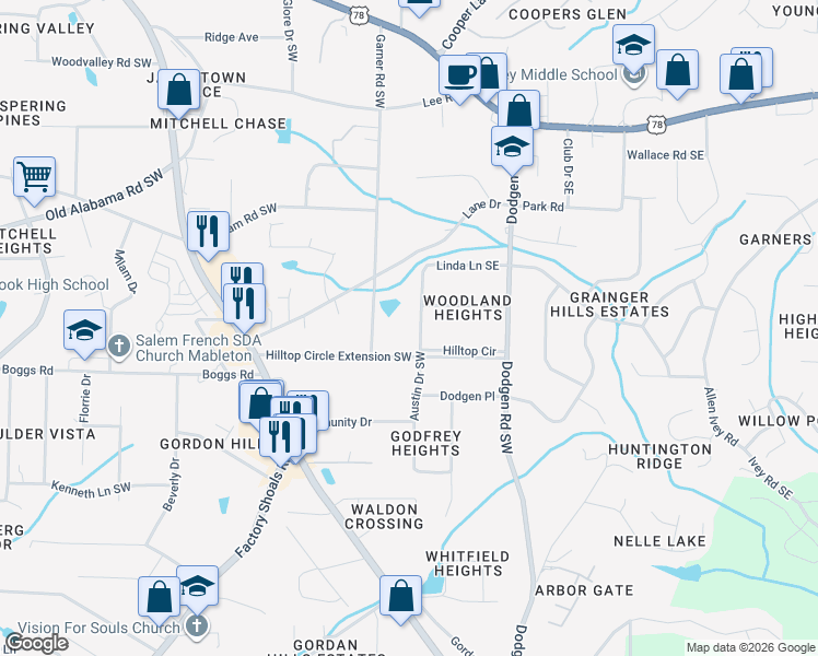 map of restaurants, bars, coffee shops, grocery stores, and more near 6080 Austin Drive Southwest in Mableton
