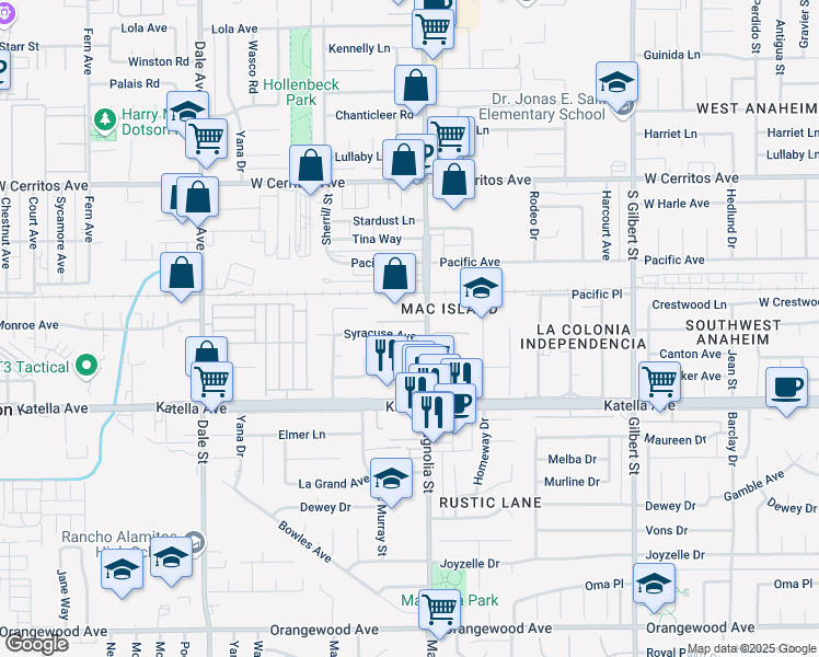 map of restaurants, bars, coffee shops, grocery stores, and more near 8951 Syracuse Avenue in Anaheim