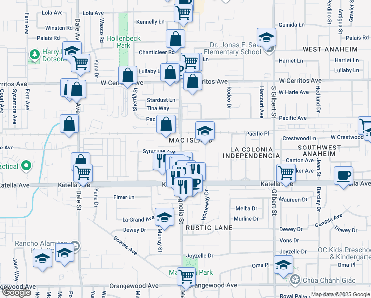 map of restaurants, bars, coffee shops, grocery stores, and more near 9001 Stacie Lane in Anaheim