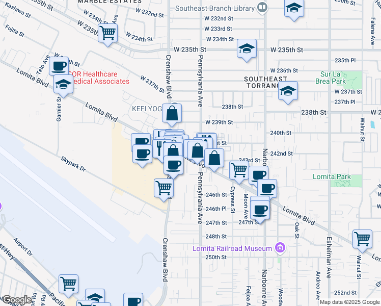 map of restaurants, bars, coffee shops, grocery stores, and more near 2429 Lomita Boulevard in Lomita