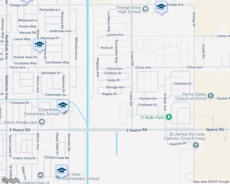 map of restaurants, bars, coffee shops, grocery stores, and more near 1121 Regala Street in Perris
