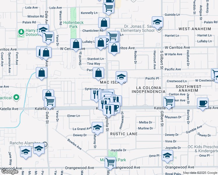map of restaurants, bars, coffee shops, grocery stores, and more near 9001 Stacie Lane in Anaheim