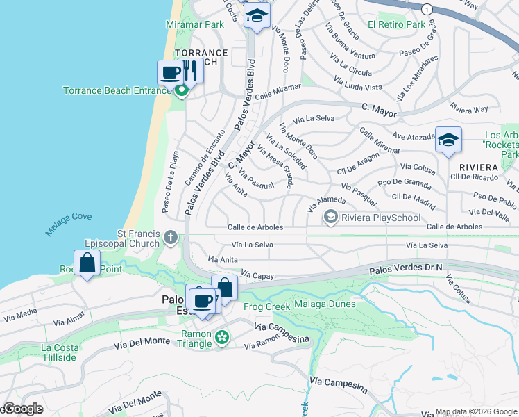 map of restaurants, bars, coffee shops, grocery stores, and more near 407 Avenue De Jose in Redondo Beach