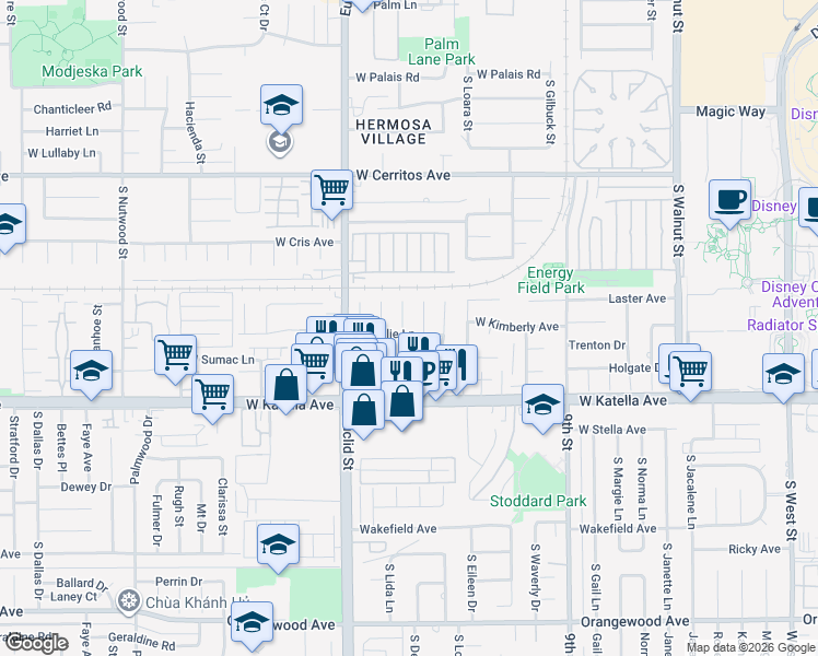 map of restaurants, bars, coffee shops, grocery stores, and more near 1672 South Tiara Way in Anaheim