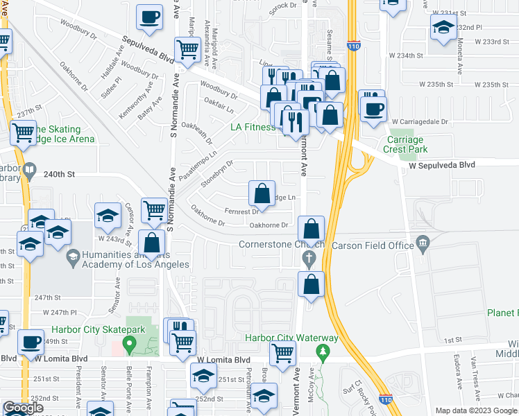 map of restaurants, bars, coffee shops, grocery stores, and more near 961 Fernrest Drive in West Carson