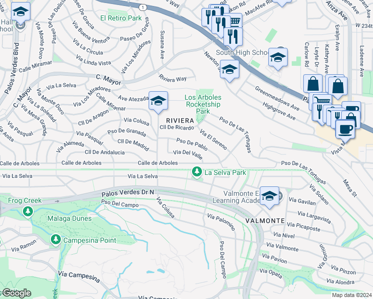 map of restaurants, bars, coffee shops, grocery stores, and more near 5407 Vía Del Valle in Torrance