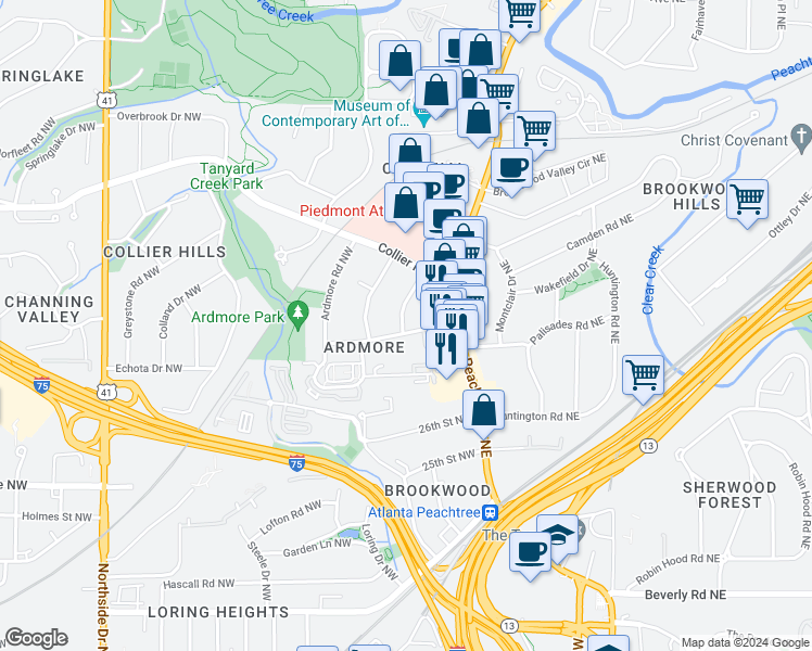 map of restaurants, bars, coffee shops, grocery stores, and more near 31 28th Street Northwest in Atlanta