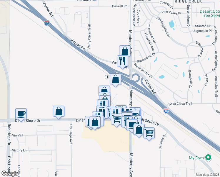 map of restaurants, bars, coffee shops, grocery stores, and more near 72700 Dinah Shore Drive in Palm Desert