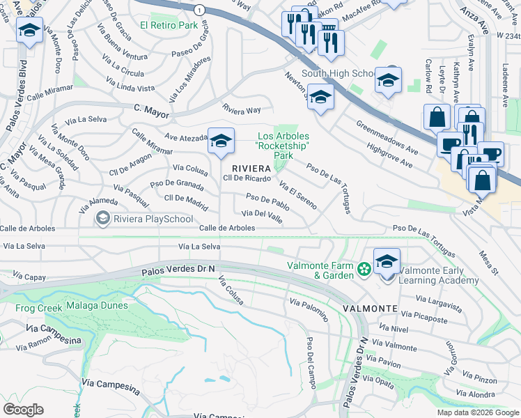 map of restaurants, bars, coffee shops, grocery stores, and more near 5407 Vía Del Valle in Torrance