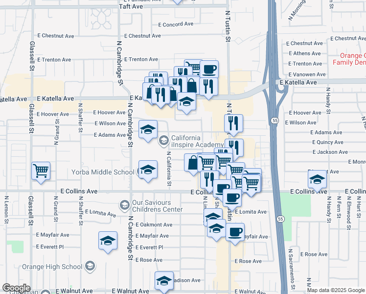 map of restaurants, bars, coffee shops, grocery stores, and more near 1071 North Gardner Drive in Orange