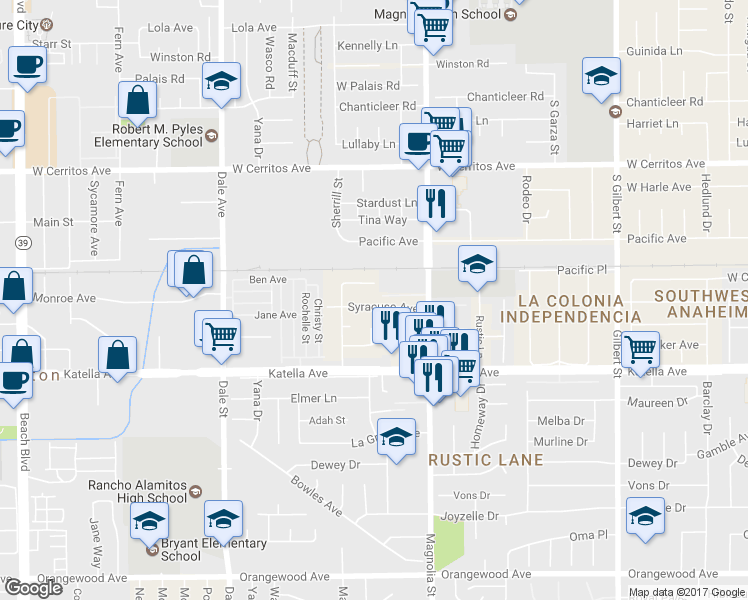 map of restaurants, bars, coffee shops, grocery stores, and more near 8861 Syracuse Avenue in Anaheim