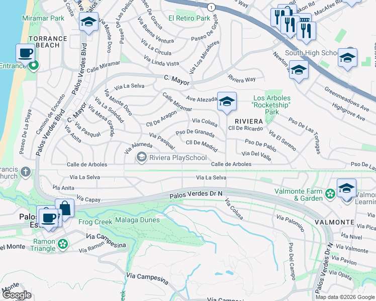 map of restaurants, bars, coffee shops, grocery stores, and more near 309 Calle De Andalucia in Redondo Beach