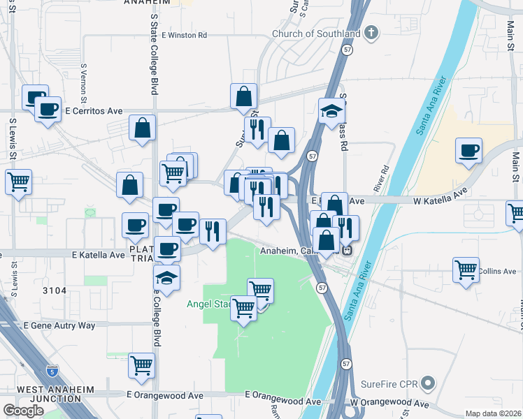 map of restaurants, bars, coffee shops, grocery stores, and more near 2422 East Katella Avenue in Anaheim