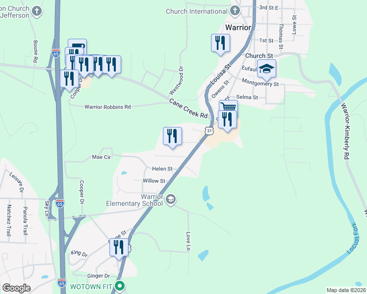 map of restaurants, bars, coffee shops, grocery stores, and more near 106 Howard Street in Warrior
