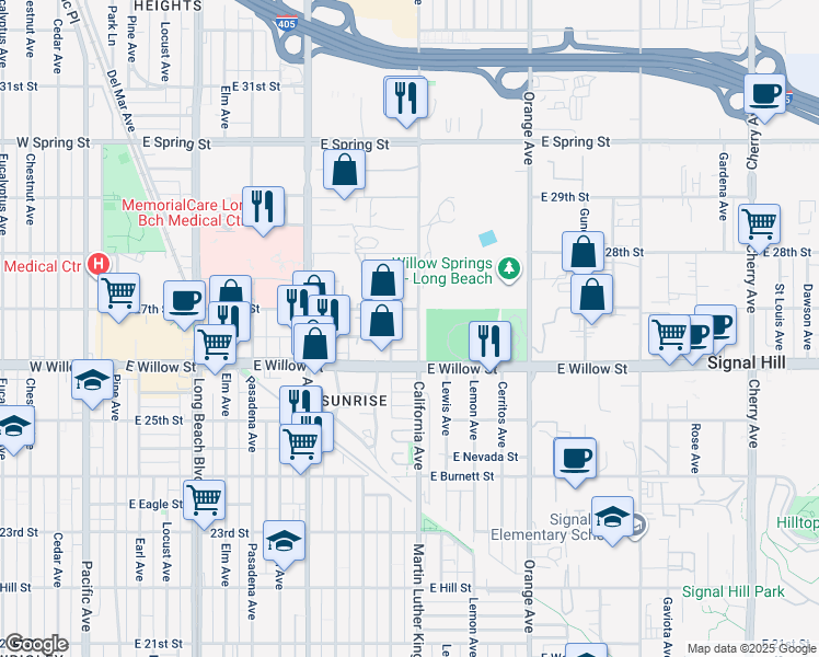 map of restaurants, bars, coffee shops, grocery stores, and more near 2651 California Avenue in Signal Hill