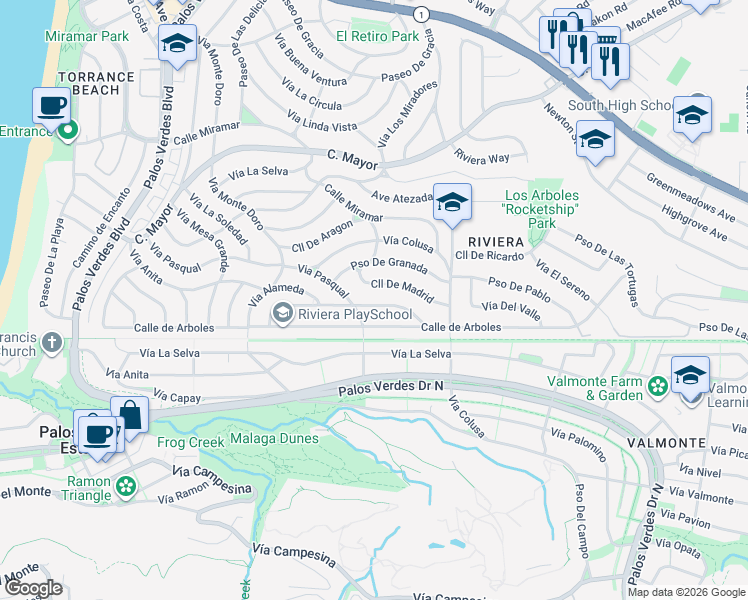 map of restaurants, bars, coffee shops, grocery stores, and more near 309 Calle De Andalucia in Redondo Beach