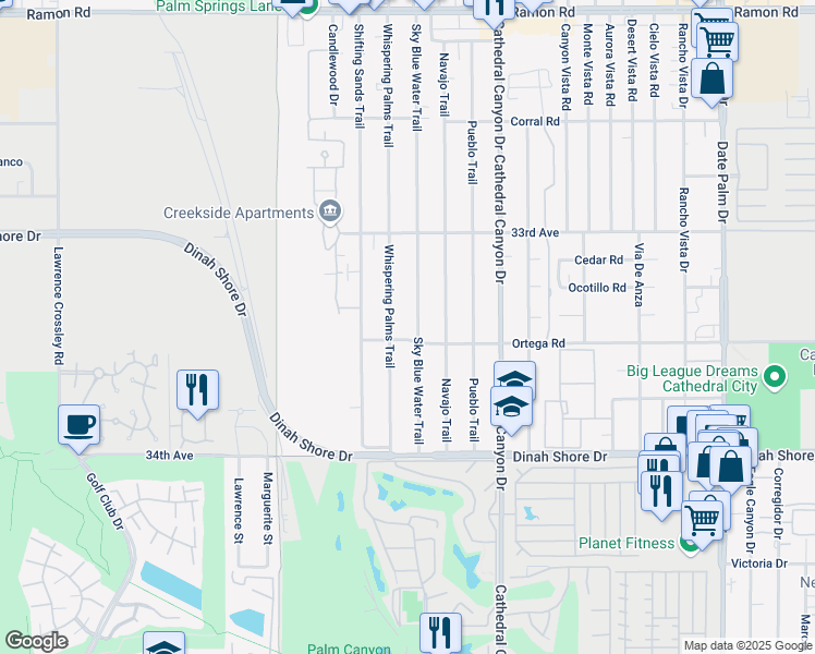 map of restaurants, bars, coffee shops, grocery stores, and more near 33419 Sky Blue Water Trail in Cathedral City