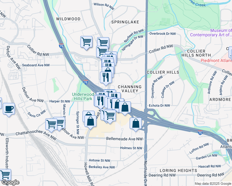 map of restaurants, bars, coffee shops, grocery stores, and more near 754 Forest Trail Northwest in Atlanta