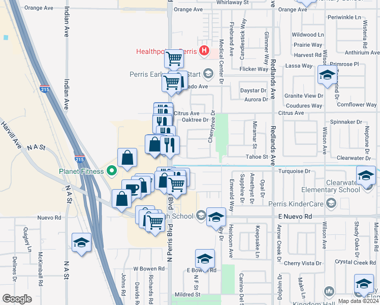 map of restaurants, bars, coffee shops, grocery stores, and more near 1829 Springtree Drive in Perris