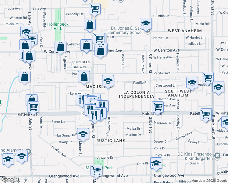 map of restaurants, bars, coffee shops, grocery stores, and more near 10821 Rustic Lane in Anaheim