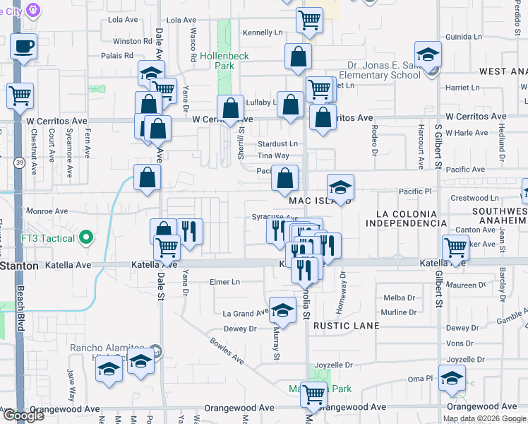 map of restaurants, bars, coffee shops, grocery stores, and more near 8861 Syracuse Avenue in Anaheim
