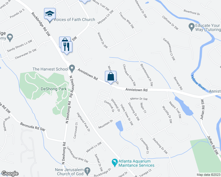 map of restaurants, bars, coffee shops, grocery stores, and more near 114 Castle Club Drive in Stone Mountain