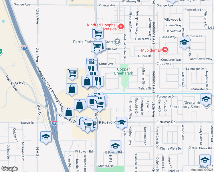 map of restaurants, bars, coffee shops, grocery stores, and more near 1829 Springtree Drive in Perris
