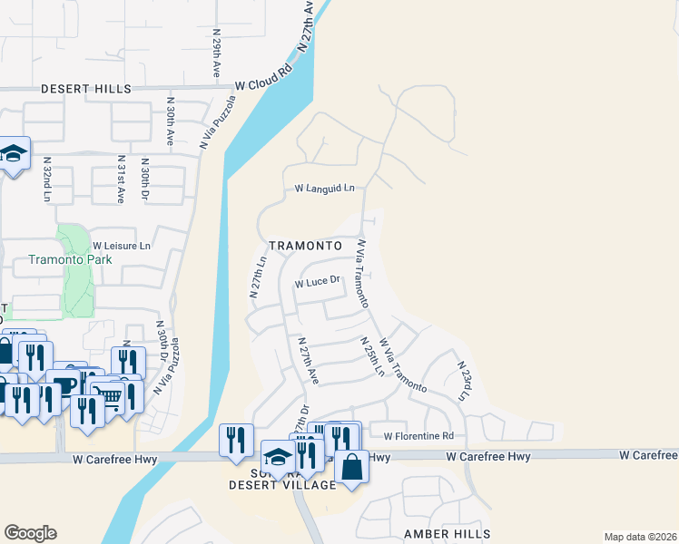 map of restaurants, bars, coffee shops, grocery stores, and more near 2602 West Luce Drive in Phoenix