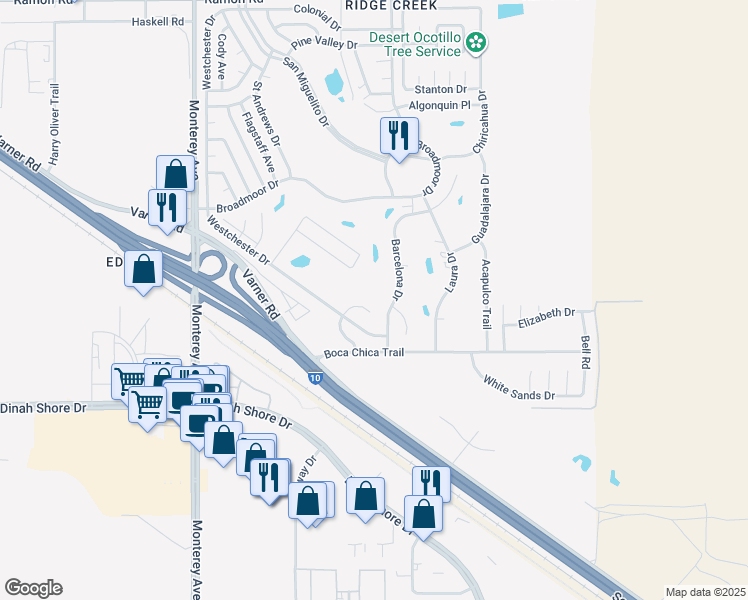 map of restaurants, bars, coffee shops, grocery stores, and more near 33411 San Lucas Trail in Thousand Palms