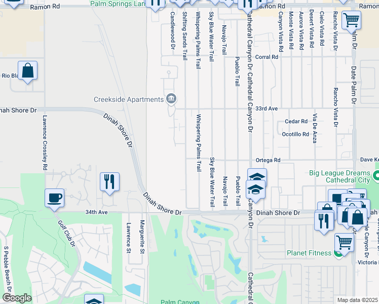 map of restaurants, bars, coffee shops, grocery stores, and more near 33420 Shifting Sands Trail in Cathedral City
