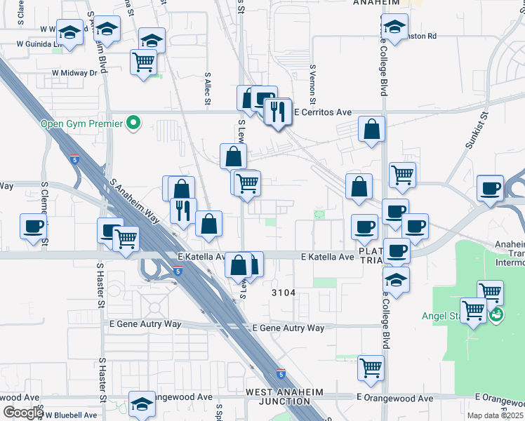 map of restaurants, bars, coffee shops, grocery stores, and more near 915 E. Mason Ln in Anaheim