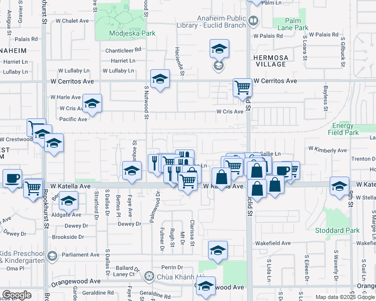 map of restaurants, bars, coffee shops, grocery stores, and more near 1817 West Sallie Lane in Anaheim