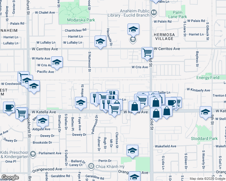 map of restaurants, bars, coffee shops, grocery stores, and more near 1817 West Sallie Lane in Anaheim
