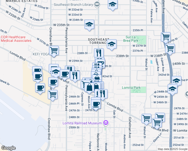 map of restaurants, bars, coffee shops, grocery stores, and more near 24123 Narbonne Avenue in Lomita
