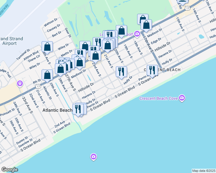map of restaurants, bars, coffee shops, grocery stores, and more near 2301F Havens Drive in North Myrtle Beach