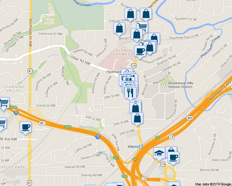 map of restaurants, bars, coffee shops, grocery stores, and more near 31 28th Street Northwest in Atlanta