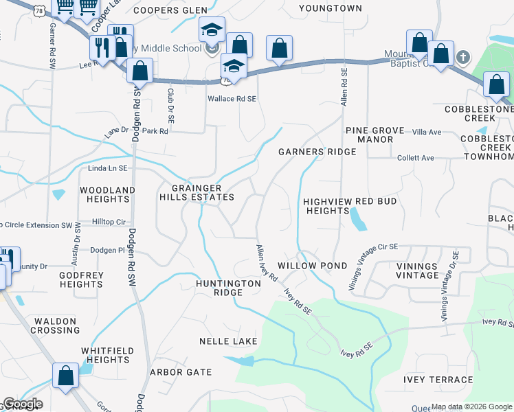 map of restaurants, bars, coffee shops, grocery stores, and more near 6077 Allen Road Southeast in Mableton