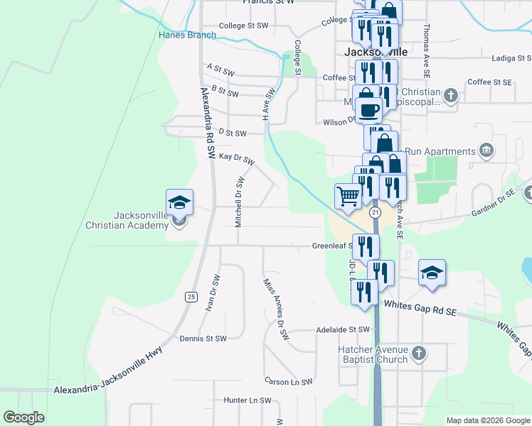 map of restaurants, bars, coffee shops, grocery stores, and more near 2010 Roberts Street Southwest in Jacksonville
