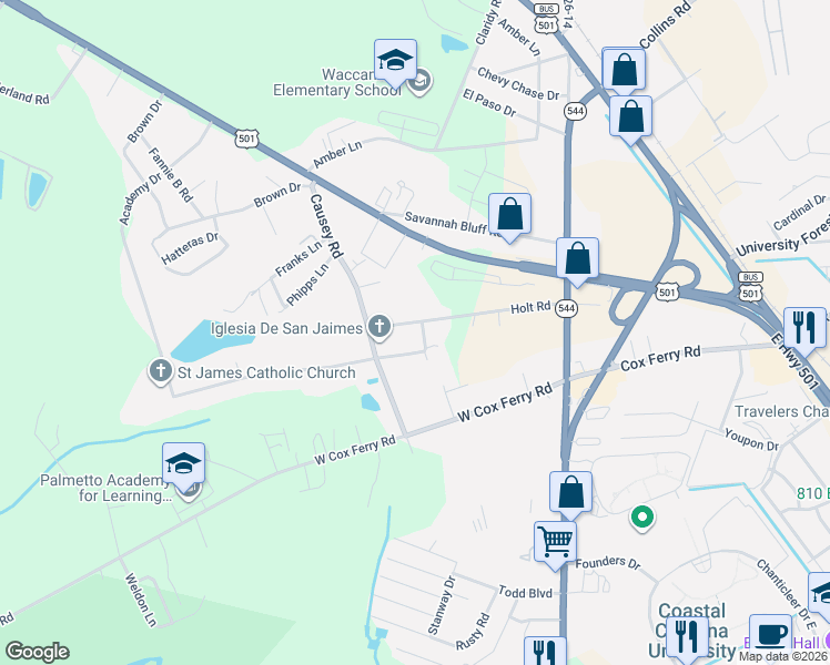 map of restaurants, bars, coffee shops, grocery stores, and more near 1052 Holt Road in Conway